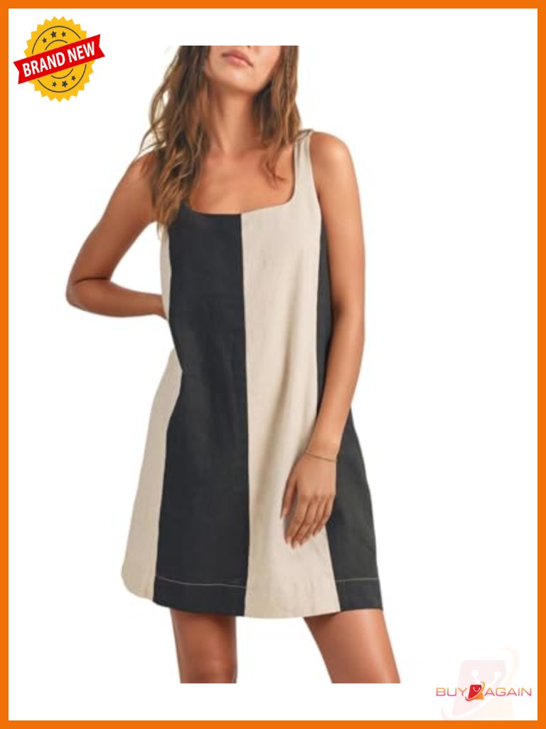 Sleeveless Linen Color Block Tank Dress For Summer Beach Vacation